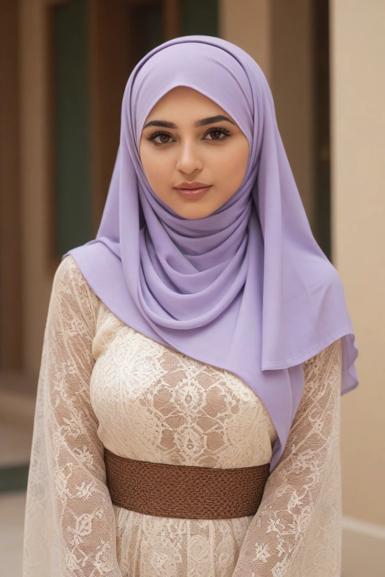 ( Close Up),RAW, Best quality, high resolution, masterpiece: 1.3), beautiful white woman in hijab,Masterpiece, perfect fit body, white skin, green eyes, glowing big eyes, red lips, warm smile, pink cheeks, big breast,big gorgeous eyes, Soft smile,beutiful face,thick thighs, full body, woman in a purple hijab taking a picture of herself, long dress female, wonderful masterpiece, very beautiful islamic white style, full covered dress, detailed dress and face, somali, traditional beauty, beautiful masterpiece, very beautiful masterpiece,islamic blue dress, wearing a dress made of beads, modest flowing gown, traditional dress, great masterpiece, wearing an ornate outfit, long dress , (Delicate turtleneck) , shairband, afternoon walk, City garden, Excellent lighting, Bright colors, Clean lines,