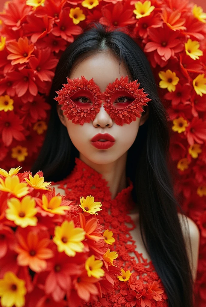 A asian woman wearing a white floral crown, with white and red powder on her face, holding a red heart in her hand, and closing her eyes.