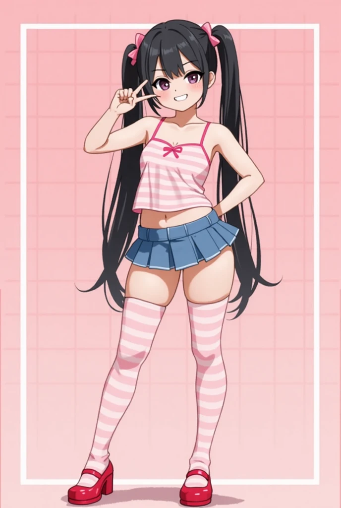girl at school, Whole body, standing, Dark brown hair, open legs, hands on the hips, wearing a white shirt with a tie, social vest, Long socks, pink underwear, ????? body