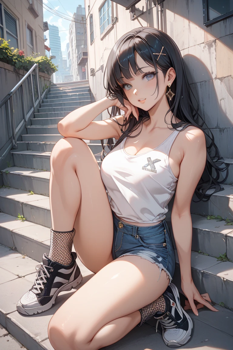 Kaori, Single model, solo, half Asian, half Latino, very long straight black hair, freckles, blushing, wet eyes, long chain pendant, very large heavy breasts, chubby, belly, stretchmarks, sports bra, booty shorts, long socks