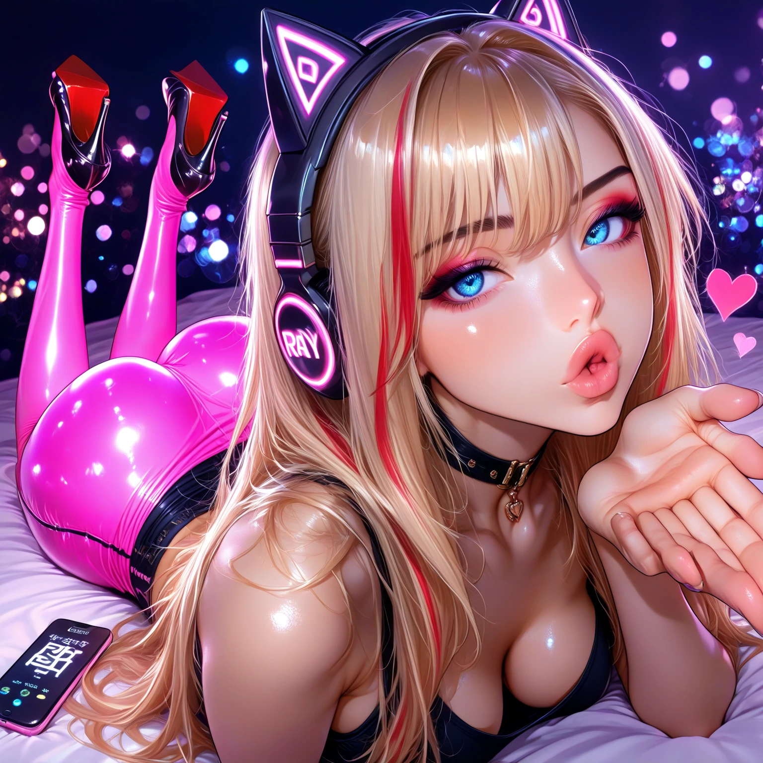 A beautiful fantasy style painting of a beautiful nude blonde woman with big messy hair, gracefully laying on a fluffy cloud, wearing headphones, midnight with moon light, twinkling stars and stardust, vibrant and colorful, looking down at a small city at night, cityscape, colorful stardust, fantasy art style, cartoon vibrant, cute detailed digital art, colorful digital fantasy art, digital fantasy art ), glossy digital painting, pastel vibrant