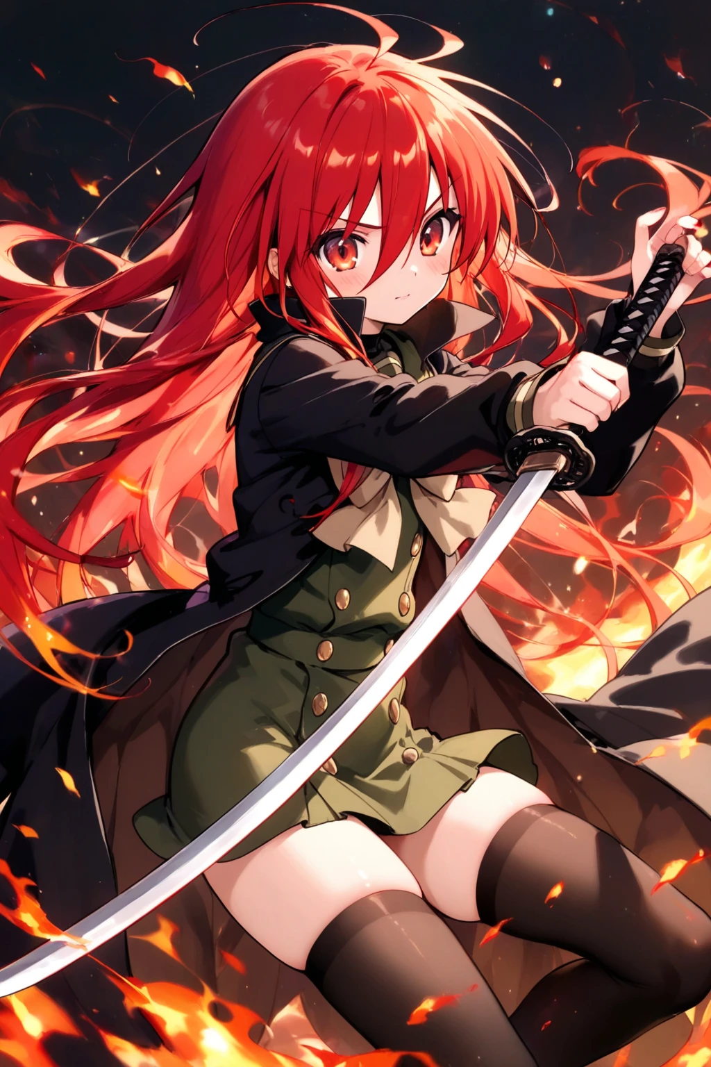 1girl, shana, black thighhighs, bow, bowtie, brown footwear, fire, foreshortening, green skirt, hair between eyes, holding sword, jewelry, long hair, long sleeves, looking at viewer, pendant, red eyes, red hair, school uniform, shoes, skirt, solo, thighhighs, very long hair, absurdres, highres, masterpiece, best quality, mid, <lora:char - shana - v1 - bionagato:0.9>