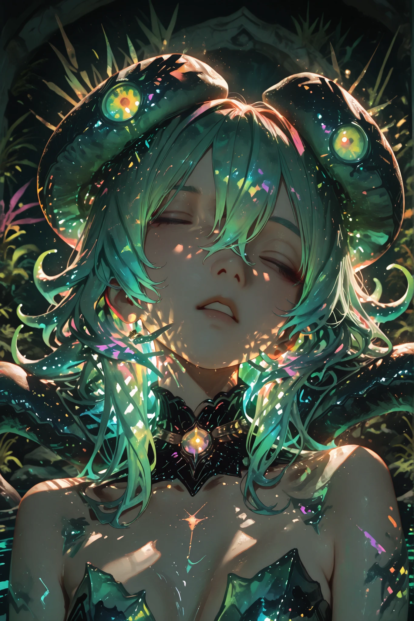 sleeping kraken girl, etheric body, with green hair on corals, detailed photorealistic portrait, High quality, 4K, HDR, deep sharpness, complex light, professional lighting, realistic texture, colorful tones , fabulous atmosphere, gorgeous color scheme, Low-light visibility, view, under water