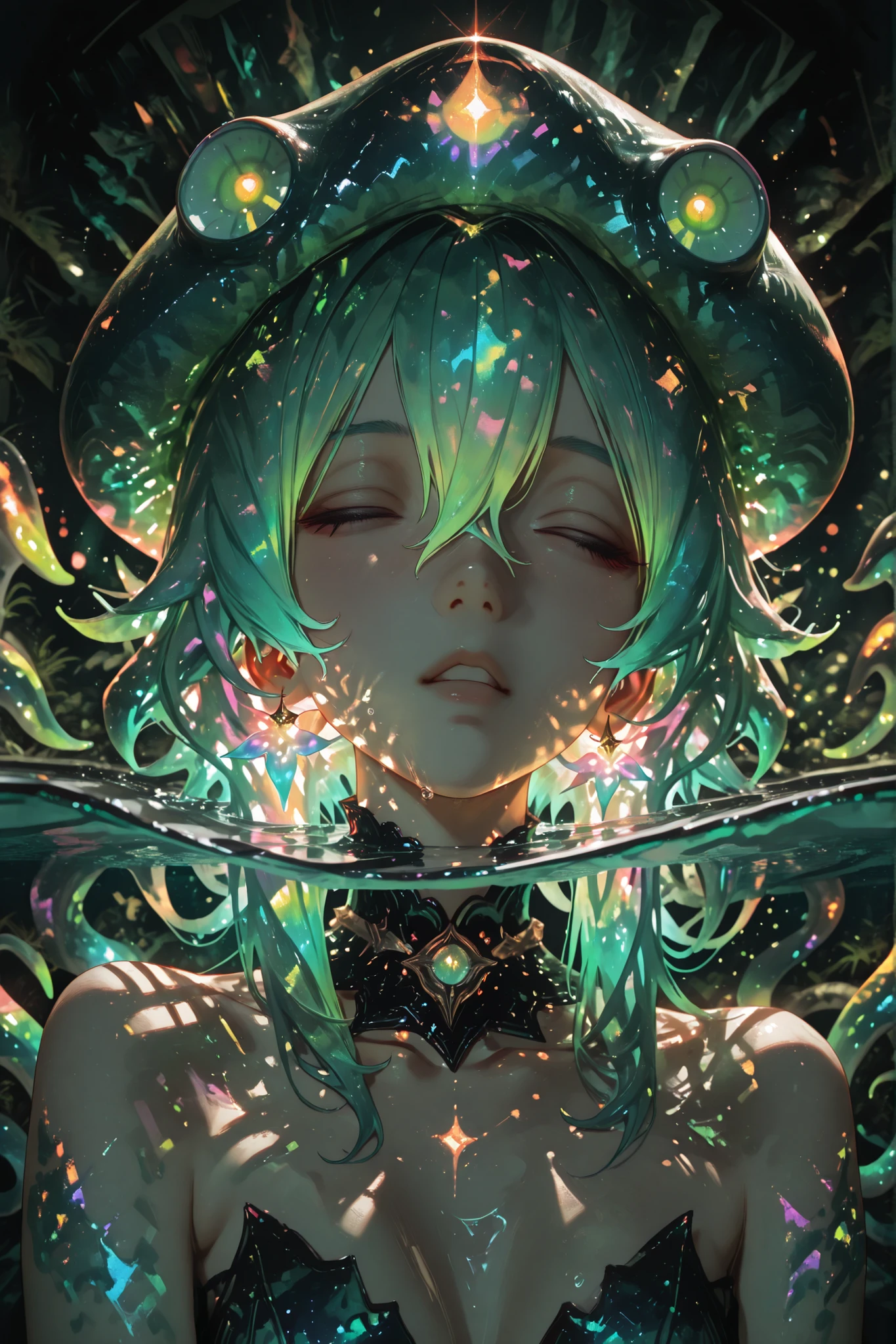 sleeping kraken girl, etheric body, with green hair on corals, detailed photorealistic portrait, High quality, 4K, HDR, deep sharpness, complex light, professional lighting, realistic texture, colorful tones , fabulous atmosphere, gorgeous color scheme, Low-light visibility, view, under water