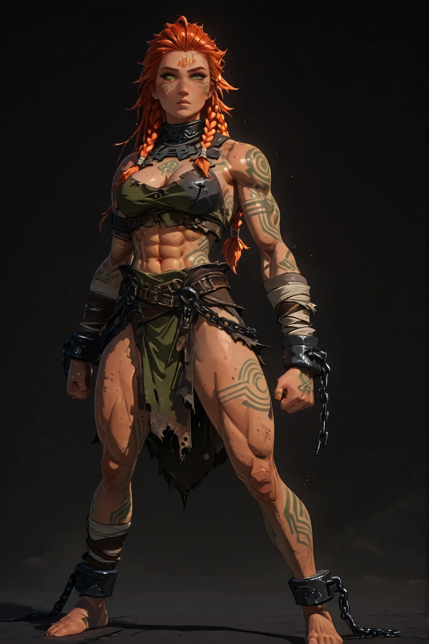 masterpiece, ultra highres, best quality, 1 girl, mature anime style, 3d blender render, cel shading, soft lighting edges, powerful barbarian warrior, proud defiant stance, muscular athletic build, thick curvy figure, strong wide hips, broad shoulders, defined abs, full body frontal view, beautiful anime face, large intense green eyes, determined expression, anime tribal face tattoos, long flowing scarlet ginger hair, detailed warrior braids, torn fur armor, deep cleavage, glowing tribal tattoos, heavy iron shackles, chain physics, barefoot stance, legs apart, dramatic rim lighting, soft ambient occlusion, subsurface scattering on skin, smooth shading transitions, dark background, (anime style), (3d rendered:1.2), (cel shaded:1.1)