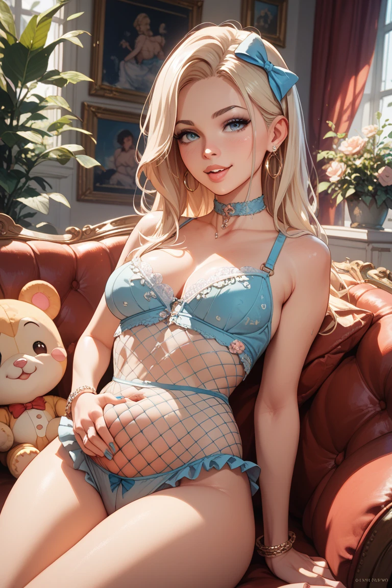 1girl, blue lingerie, ((blue lipstick:1.5)), green eyes, blonde hair, thin body type, pin-up pose, chair, cozy environment, character design, white background, fullbody, tease, cute girl,