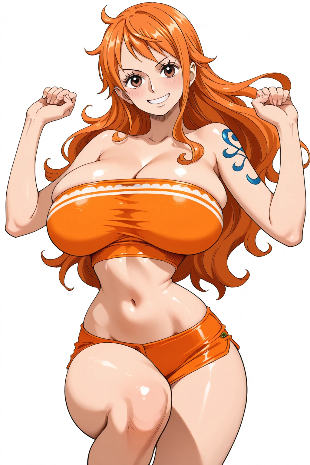 a cartoon picture of a woman in a bikini top and jeans, nami one piece, nami from one piece, nami, beautiful portrait of nami, from one piece, oppai, blue eyes, smoking, ponytail