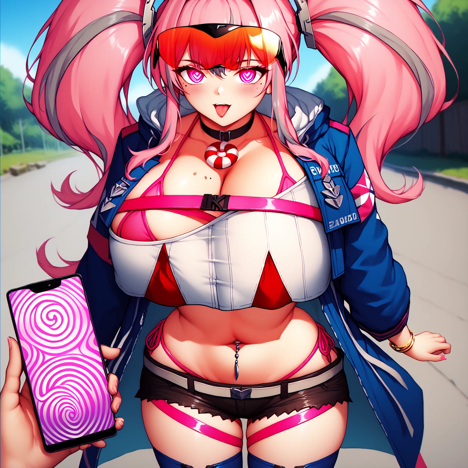 <lora:BremertonV1:1>, Bremerton, 1girl, bremerton_(azur_lane), navel_piercing, breasts, swimsuit, twintails, pink_hair, food, tongue_out, long_hair, tongue, bikini, shorts, piercing, armpits, jacket, multicolored_hair, popsicle, pink_eyes, large_breasts, streaked_hair, navel, black_shorts, blue_jacket, solo, looking_at_viewer