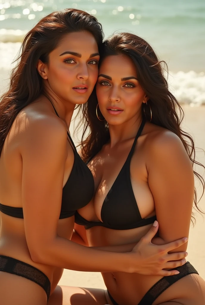 ((Photorealistic lighting, highest quality, 8k, masterpiece:1.3)), clear focus:1.2, viewer discretion advised (New South Wales) (New South Wales) (New South Wales):1.2, ((realistic)), ((natural light, highest quality)), model-like figure:1.4, (dark brown hair, chest out:1.2), short hair, solo, setting, (25 years old:1.3), highly detailed face, detailed eyes, double eyelids, necklace, wristband, eyeliner, colorful bikini, legs apart, (large), (black dress), (seaside, beach, sandy shore, drinking alcohol)