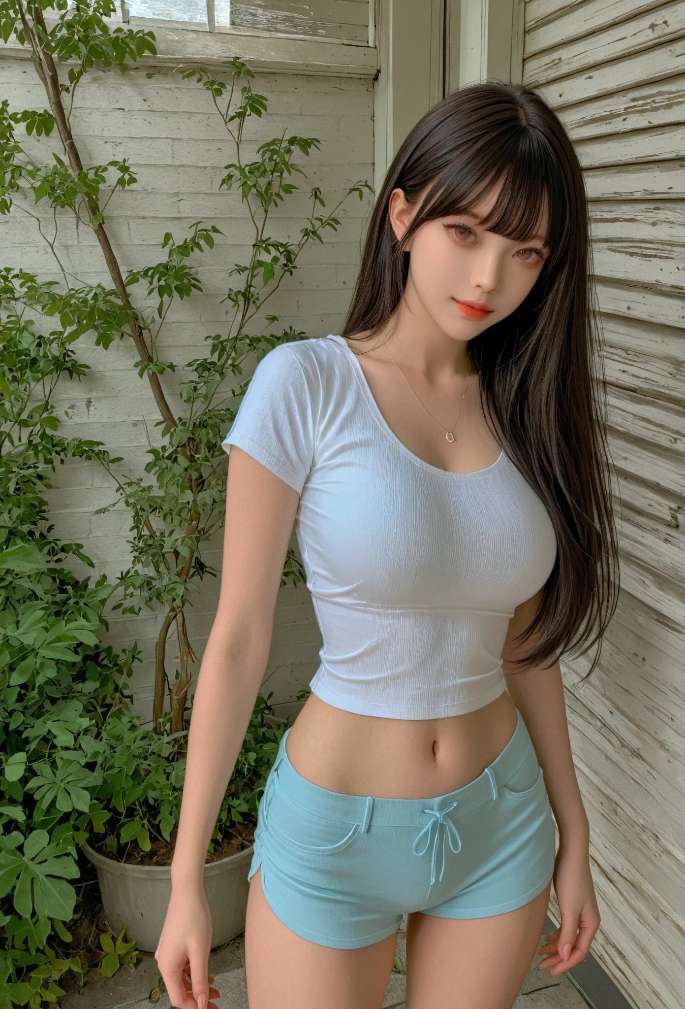 (1 Korean Girl)、top-quality、​masterpiece、A high resolution、(Photorealsitic:1.4)、Raw photo、glowy skin、(random background)、((super realistic details))、,Portrait Photography Pose smile, Shadow、8K、ultrasharp、、Raw skin is exposed in cleavage, (nsfw:1.4), (underboob tanktop shirt:1.4),  (cowboy shot:1.4), ((face focus)), (mediaum long hair with bang), ((lift her shirt to show her naked breast))