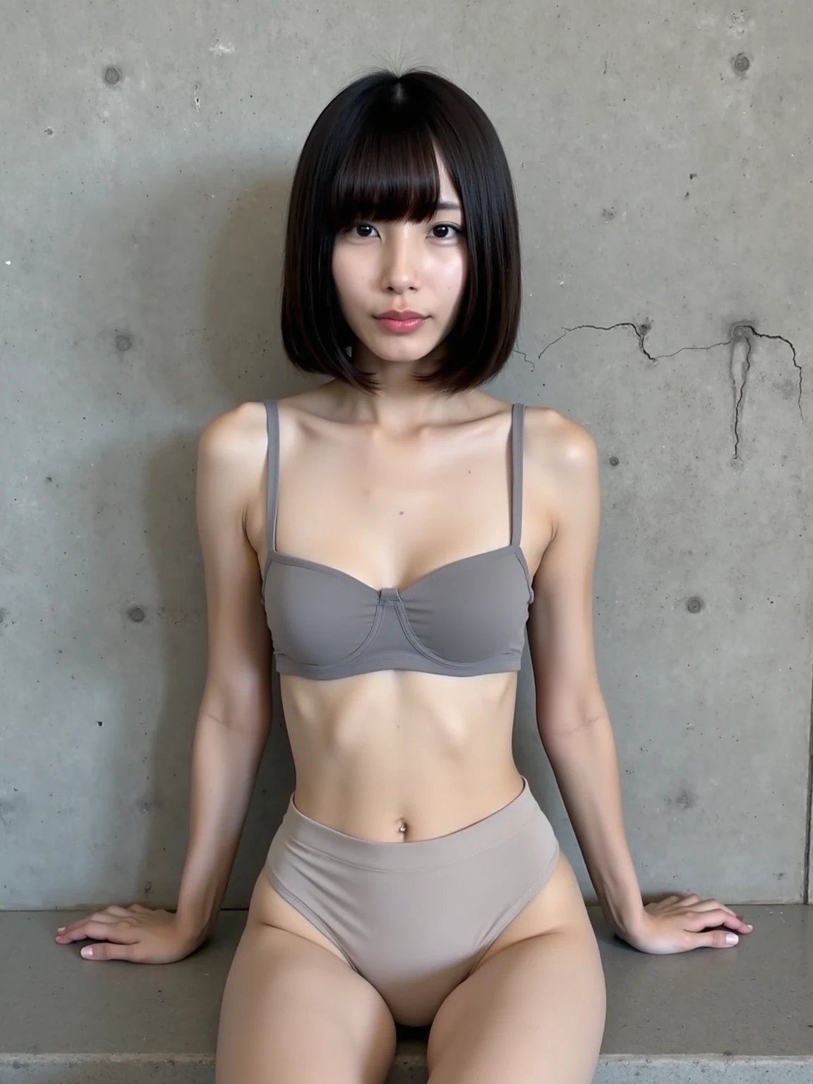 top-quality、超A high resolution、Photorealsitic、Ticker
1 Girls、People watching viewers、The upper part of the body、A slender、small tits、silber hair、White crop top、
greybackground、Bold open legs