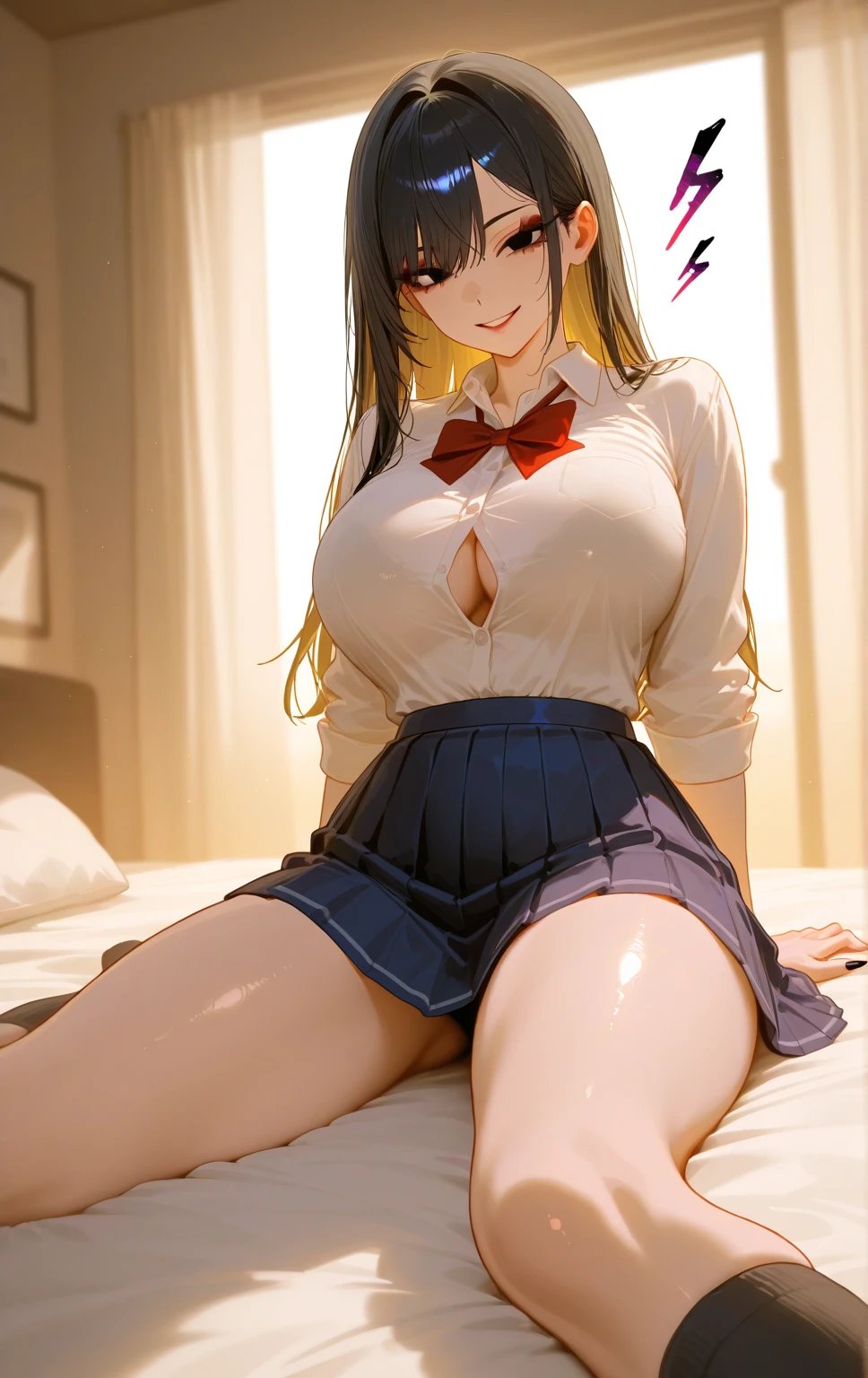 lying girls up to down from viewer's face, 1girl solo focus, a girls half closed eyes looking down and super open big mouth face, open legs and super loose socks feet and wearing satin cute panties, loafer soles up straddle sitting male abdomen missionary, (on the pink cute bed), She lies on the bed on her back, (overflowing with love juice:1.4), You push her down on the bed, Beautifully breasts exposed by the unbutton open front outer shirt, View from very close directly girls above, (Masterpiece, Super realistic, Super details, Super Highest Quality, Super Highest Quality), super cute and beautiful girl, (Mysterious atmosphere:1.3), You are male professional photographer, Japanese gal, For dark brown eyes, Blonde yellow hair, Pink ribbon, gal make-up, False eyelashes, Pearl pink lips, Unbuttoned out Hemmed sailor red open collared open front white shirt, (kawaii erotic girl:1.3), (Very thin shirt:1.3), beautiful focus, cat like big open mouth, (brown eyes:1.4), big round chest, (POV hands and arms on girls thighs:1.3), BREAK, (Half down two side up blonde very long hair style:1.4), (Wider at the hem flabby large in size Super Loose Socks:1.4), (wear loafer:1.2), An innocent 16-year-old girl, (skin fang:1.2), super happy smile, evil smile, Extremely Realistic, big open mouth ahegao orgsming face, half close eyes, (With white ruffled hem red plaid pleat mini skirt girls:1.4), POV thighs push hands, (Shirt open outer outfit:1.4), super photo realistic, (Outfits with lots of frills:1.4), (White ruffles lots of in red skirt:1.6), (Very thin Long bangs over the eyes, Brown cartoon eyes:1.3), (Half head back:1.2), selfy shirt lift breasts exposed, rise your hands rabbit pose, super orgasming face, (riko mine from hidanno aria:1.2), beautiful camel toe, one legs up,score_9, White ruffled long sleeves, white ruffled skirt hem, wearing shiny satin bikinis, (One leg up wear loafea sole that seems to be stepping on the viewer's face:1.4). duck mouth, (white ruffled style mini