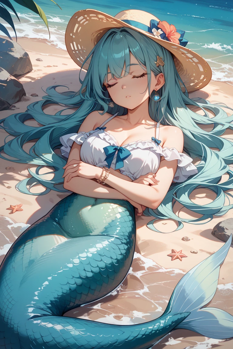 Solo, score_9,score_8_up,score_7_up, (source_furry, a primarina Pokemon girl, breasts, blue eyes, teal hair, white skin, portrait, at the beach, mermaid body,