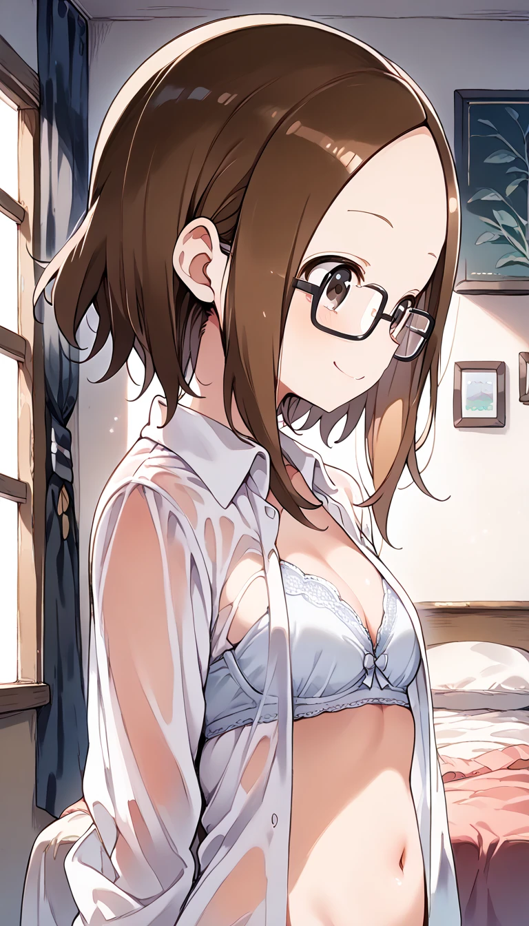 Highest quality, masterpiece, High resolution, (alone), {full moon_Fleet Collection:1.15}, Long Hair, Brown Hair, Glasses, brown_eye, red-framed_Glasses, semi-rimless_Glasses, Crescent Moon, black_Seraphim, blush, Under Rim_Glasses, One girl, Closed_eye, Open_mouth, School_uniform, (indoor, office, living room), , blackスカート, smile, (Petite),((nsfw)), Flat Chest, (panties), (Junior Bra),