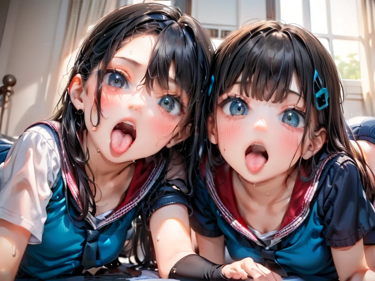 (masterpiece:1.2、Highest quality、masterpiece)、(Lie face down on the bed:1.6),(2 women:1.3),(Two women side by side get fucked from behind:1.5)、classroom、Day、stand、blonde、Twin tails、blue eyes、(Completely naked:1.4)、(Dark Skin,Blue Hair:1.4)、Big Breasts、pantyhose、Earrings、lipstick、Sweaty、Scrunchie、first round、blush、(Pushing a woman onto the bed:1.4),(Sex,ass pov:1.5)、(Ahegao:1.2)、(tongue:1.2),(Tears:1.1),(Tears of joy:1.1)