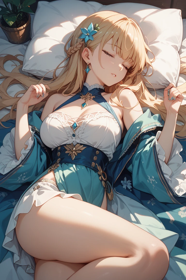 (top-quality、in 8K)、American film actress、One beautiful blonde woman、38 years、Sleeping in a snow-white bed、No Underwear、Spread your legs wide from side to side、Show off the inside of the thigh、You can see the whole body、Yukata gets wet with sweat and sticks to the skin、1 thin white see-through yukata、very large breast、The color and shape of the tip of the chest is visible 、You can see the color and shape of the areola、Looks a lot of pubic hair、The entire chest shows through、