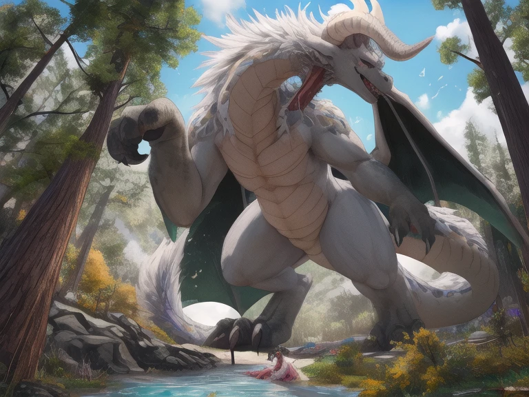 Dragon, feral, anatomicamente animal, male, solo, big white equine ?????, by bebebebebe, best quality, white balls, grass, white body, paws, perspective, standing, four paws, equine ????? focus