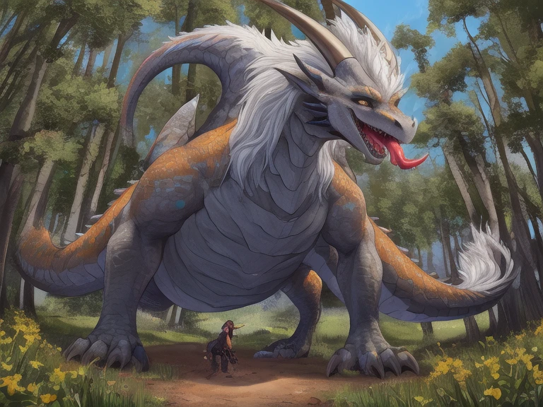 ultra-detailed, masterpiece, masterwork, high quality, best quality, hdr, (nature), , male, solo, dragon, (()), (little red body minotaur), (white chubby body), (long golden hair, yellow eyes), standing, dynamic angle, (micropenis, , perfect ), public hair, (cross your arms), earrings