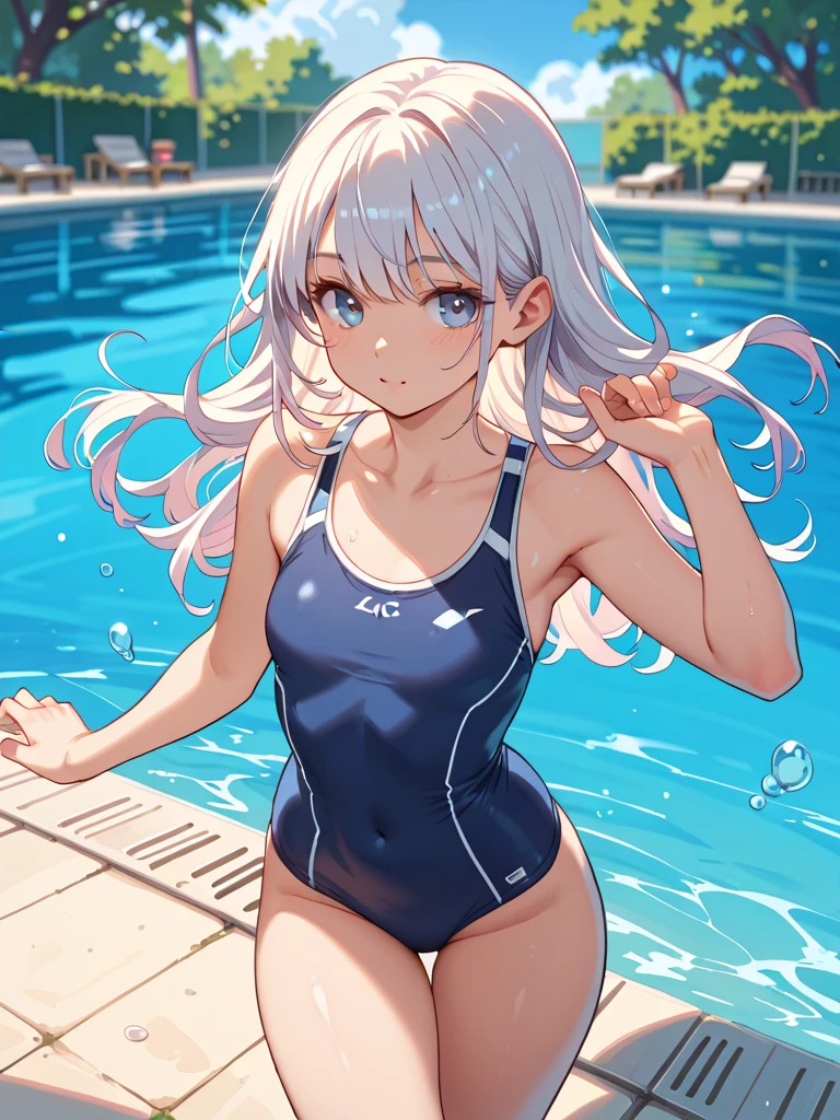 (masutepiece:1.2, Best Quality), (real picture, Intricate details), 1lady, Solo, Upper body, casual, Long hair, Minimal makeup, Natural fabrics, Close-up Face, Smile, school swimming pool, Long Light Platinum Blonde Hair, Bangs, Hair bangs, Bangs between the eyes, Green eyes,  Big butt, School Swimsuit, Tight swimsuit,   small detail
