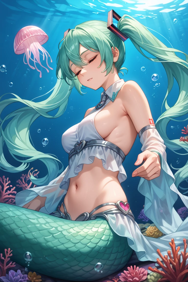 (mermaid girl:1.2), (1 person:1.2),(10 year old girl)、young girl、big breasts、 nffsw、shader、highly detailed eyes、big breasts、loose and fluffy long hair,、underboob、valley、blue hair、silky hair、mermaid figure(Mini T-shirt、The lower body is a fish、Beautiful scales)、Very complex pupils、highest quality、bright colors、Bust 100、rests、Standing picture of the game、Stirring composition、Composition looking up from below、Lift your with your hands、Pose that emphasizes the chest、fold your arms、grinning expression、eyes half closed、open your mouth、stinky eyes、evil face、bullish smile、fold your hands behind your back、Hide your hands、evil smile、whole body、god々New、in water、seabed