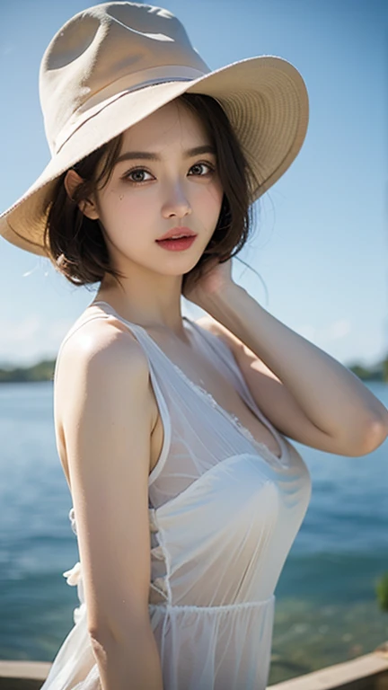 160
(Shorthair:1.46), (a 20 yo woman, standing), (A hyper-realistic), (Masterpiece), (8KUHD), (gentle smile), Slender waist, (フラクタルデザイン splash painting), (breasts:1.23), (口紅), panama hat