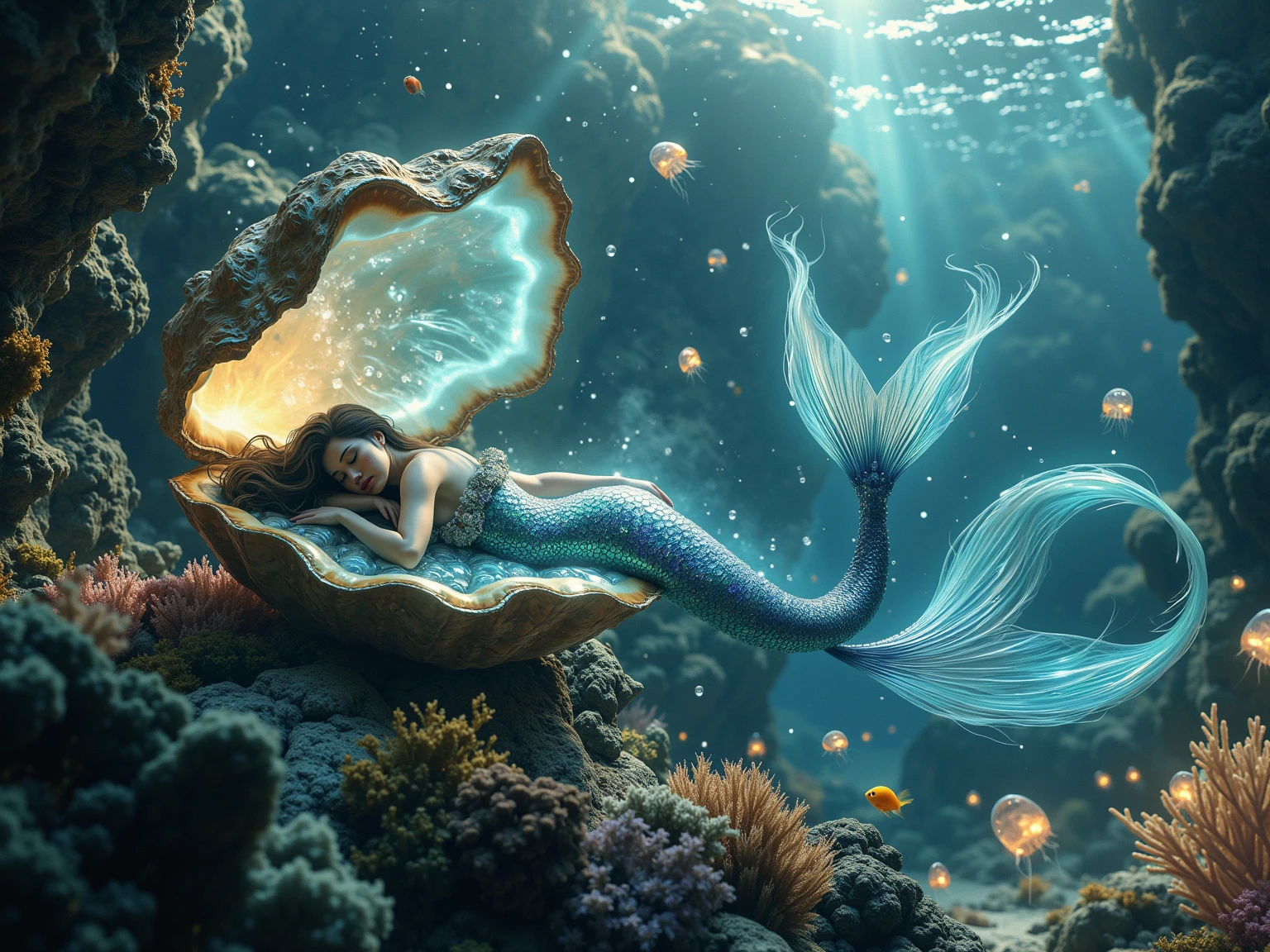 Underwater scene, a mermaid protecting its egg, the eggs looks out of this world, highly detailed nest and eggs, mermaid floating over nest, od rays, ray tracing, reflection light, masterpiece, highres, award winning