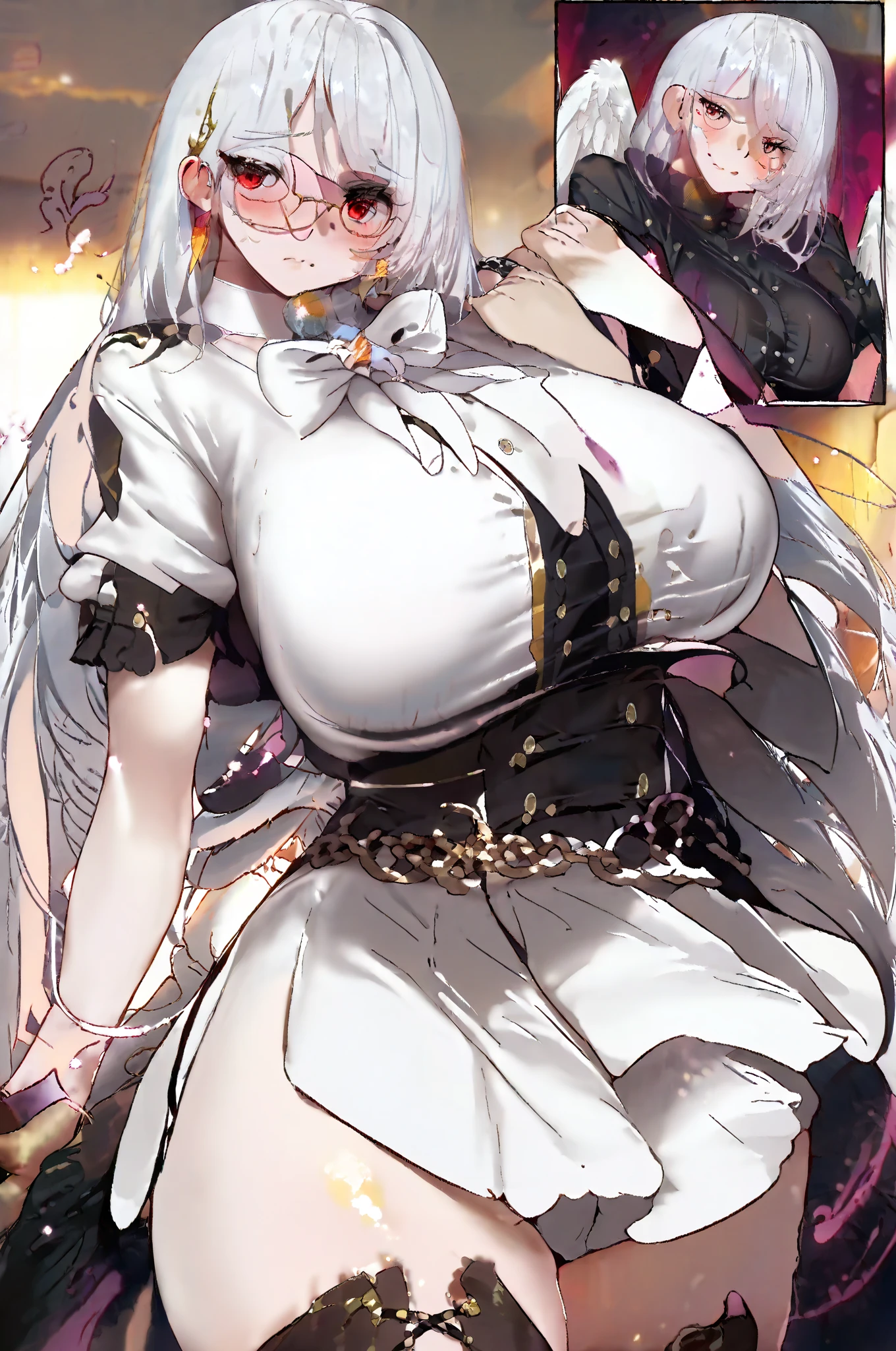 ((Highest quality)), ((masterpiece)), ((Very detailed)), (Very mature),A cute high school girl with a gentle look, white hair and about 165cm tall.，A female high school student with big breasts and a cute smile wearing a transparent black waifus with a cute patterned hood that shows off her shoulders, 顔が若干縦方向に長いbright笑顔の女性，Small Faced Woman，alone, Cute attitude,(background(bright)，Long Hair - Straight，Knee-high socks、A transparent white veil with a cute pattern and a hood with white off-the-shoulders，White wall、Sitting、Facing the viewer、縁に模様がある壁が1面のbackground
