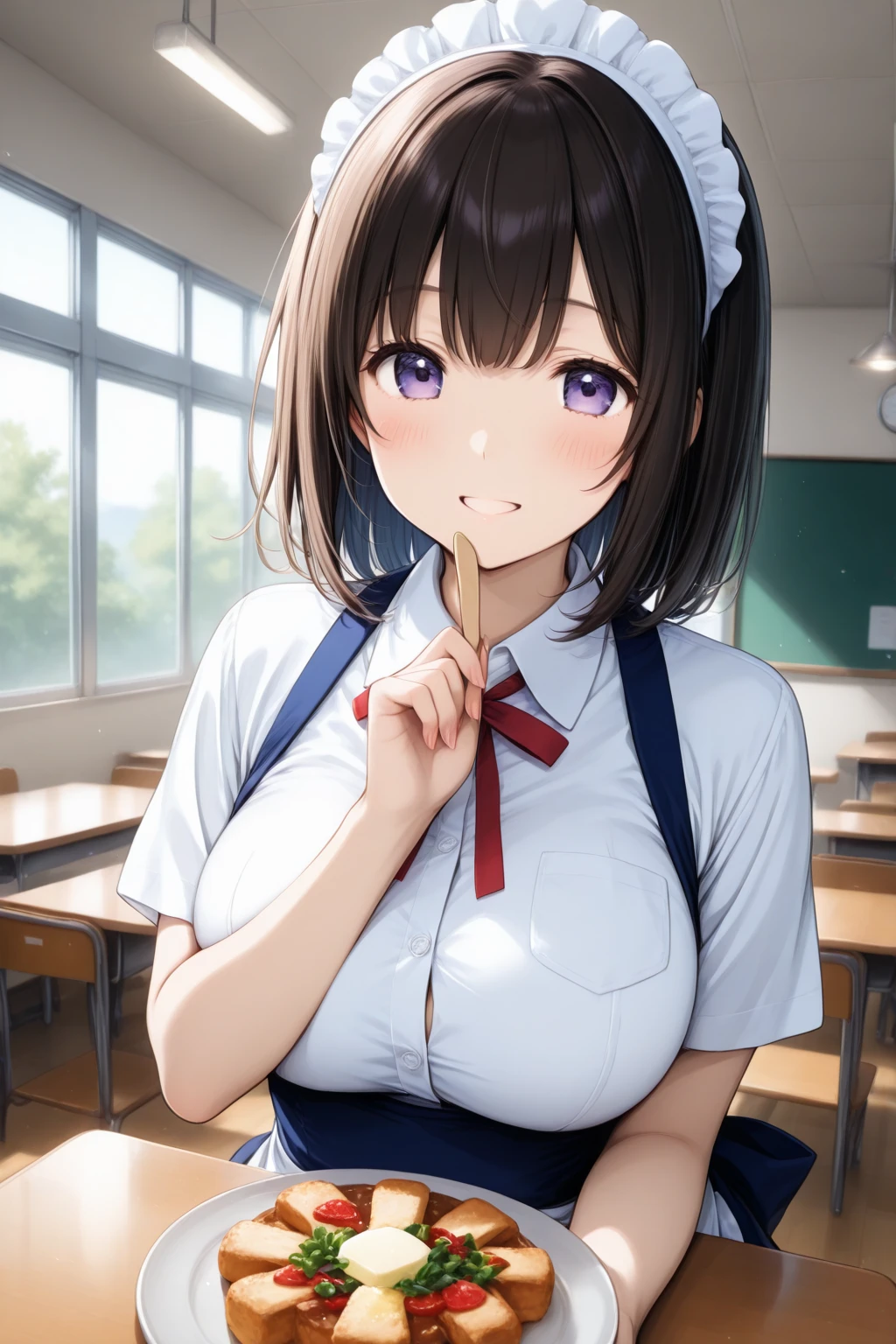 (highest quality), (masterpiece), 1080p, hd, 4k, 8K,cardigan, 4 girls, breasts on desk, breast rest, desk, breasts out, classroom, study, sit, Small and large breasts, holding, holding desk, blush, upper body, nude, nipples, embarrassed, ((BODY OIL)), ((Sweat)), ((White panties)), maid, frill on the neck, classroom, bare shoulders, ((cleavage)), open mouth, fang teeth, panicked face, exposing nipples, Light Blue, small breasts, Low angle, long black hair, twin tails, blunt bangs, thigh high socks, 18-year-old,