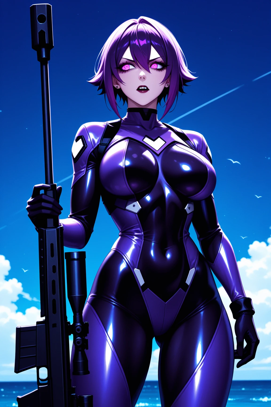 Female soldier, wearing a leotard-type combat suit, purple hair, carrying a staff as a weapon 