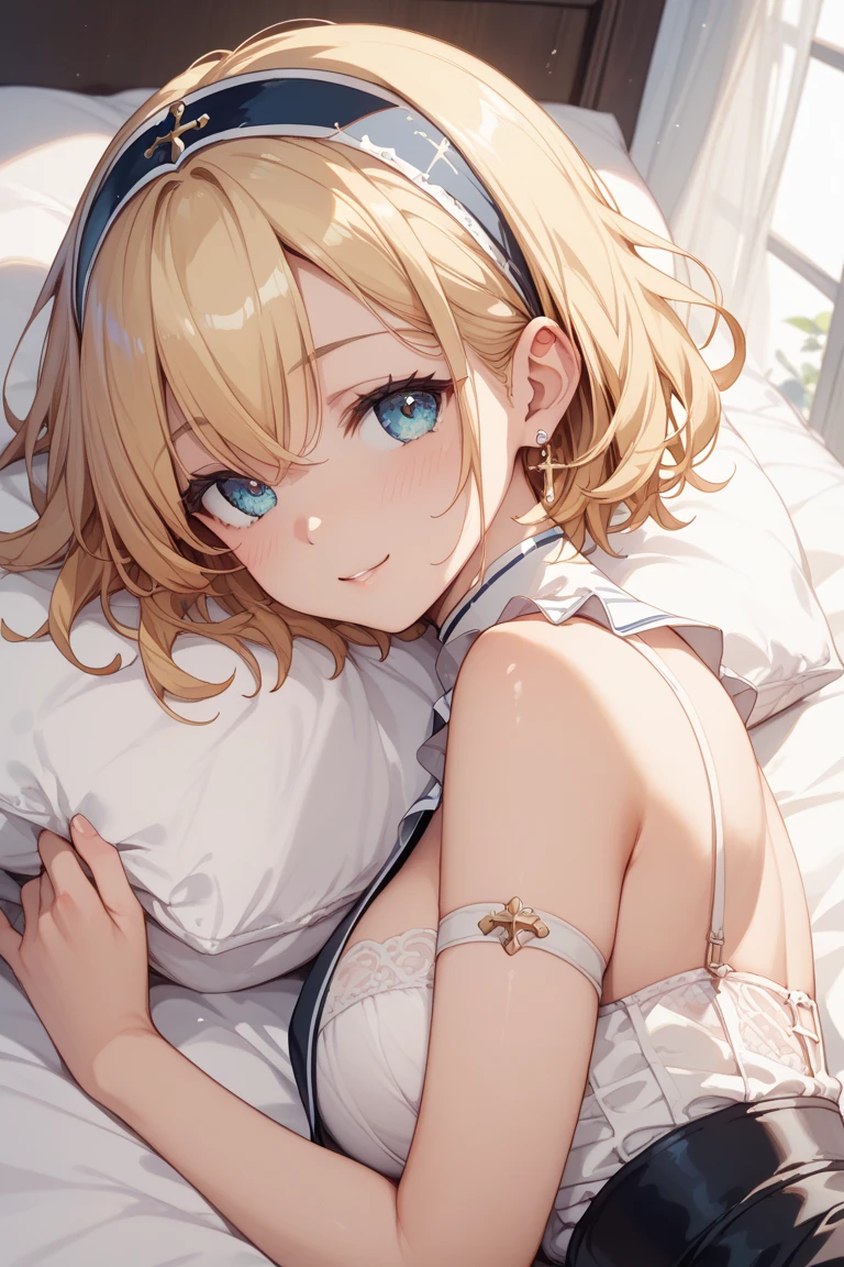 A girl laying down on a bed, laying, blonde hair, indoors, high quality, fullbody, good anatomy, ultra detailed, well drawn body, white stockings, short hair, well drawn face, anime, cute, blushing, beautyful face, azur lane, 1girl,