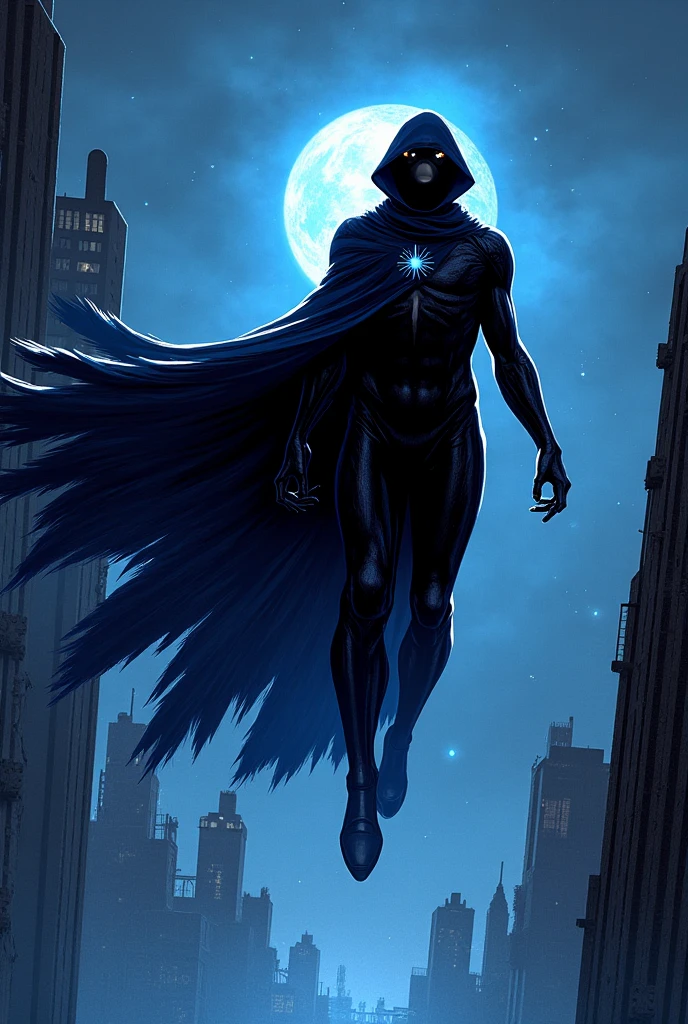 Art by Brad Kunkle, Marvel character Cloak , dark African youth male in full body black leather suit, , face hidden covered completely in deep deep shadow by black hood, in a hovering above the ground hero action pose, black leather body suit ingulfed in Icon dark black and blue striped voluminous dynamic hooded cloak, whirling and swirling around as per marvel character, best quality, masterpiece, Ultra high detail, 8k