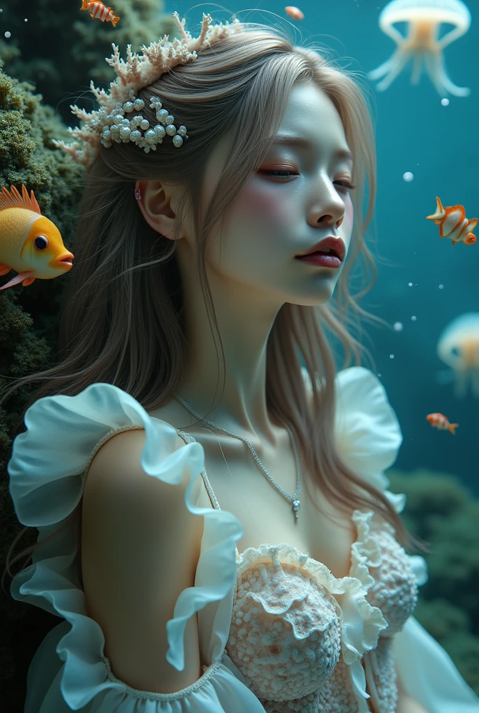 (highest quality,32k,High resolution,Masterpiece:1.5), Fantasy, Blue-green color palette, Undersea World, Beautiful Japanese Women, An exceptionally beautiful face, ((Shiny champagne gold hair:1.3)), Asymmetrical bangs,Hair between the eyes, Magical big eyes, Beautifully trimmed, thin and light eyebrows, Natural Makeup, Cheek highlighter, Pale pink detailed lips, Blue Off Shoulder Dress, The water is full of vibrant colors, Introducing the mesmerizing beauty of the sea, Surrounded by coral reefs, A school of rare fish, Swaying seaweed. Sunlight reflected on the water, Professional Lighting, Professional photographer, Professional models, mysterious