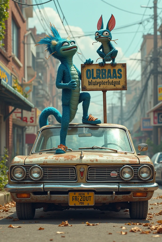 A big neon sign that reads "Raul Angel Morquecho" and under the sign a little kid, blond hair, thin face, thin frame, playing with dinosaurs figures and the child is riding a big t-rex dinosaur