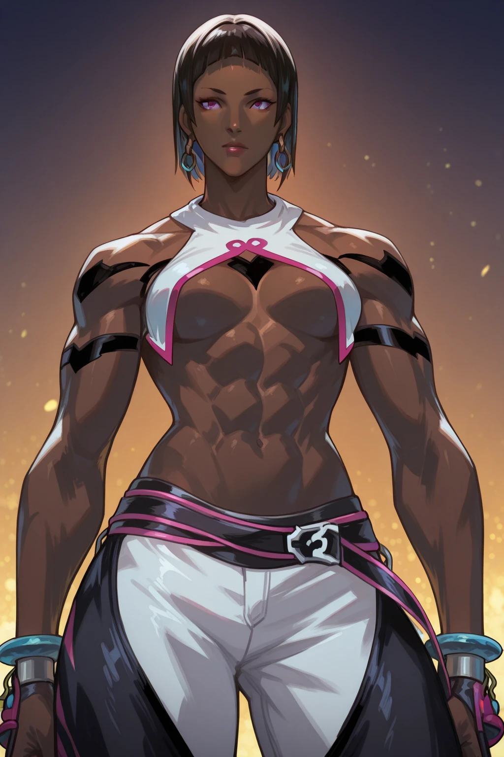((pixel art))((1 girl)) whole body, standing, gray skin, drow, elf, maduro, Detailed happy face, purple eyes, by white, black bikini, ABS, Large knockers, gold chain necklace, stomach tattoo (red tattoo)