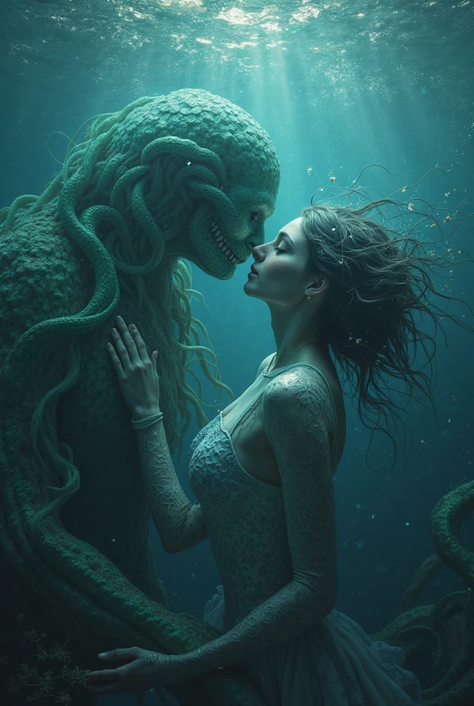 Cthulhu embracing a beautiful young woman with glasses