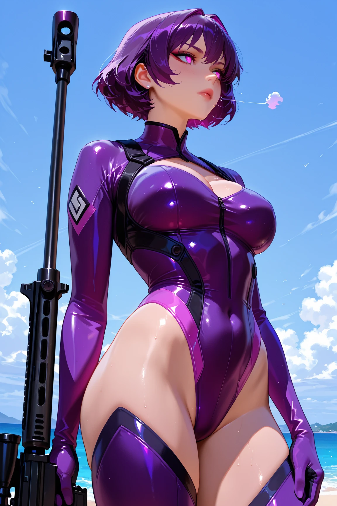 "An extraordinary masterpiece with the best quality, featuring a powerful and confident superheroine. She is the sole focus of the artwork, showcasing her incredible abilities. Dressed in a sleek leotard, her bare legs and boots add to her fierce appearance. With gloves that enhance her powers, she sports stunning purple hair in a stylish short bob, complemented by mesmerizing green eyes. Watch as she spins like a cyclone, leaving a trail of awe in her path."