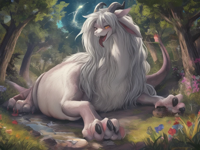 ultra-detailed, masterpiece, masterwork, high quality, best quality, hdr, (nature), posted on e621, (by darkgem), nsfw, male, solo, chibi, ((nude, micropenis, foreskin, perfect balls)), (white body minotaur), hairy dragon, (white body), (long golden hair, yellow eyes), lying, from below, dynamic angle
