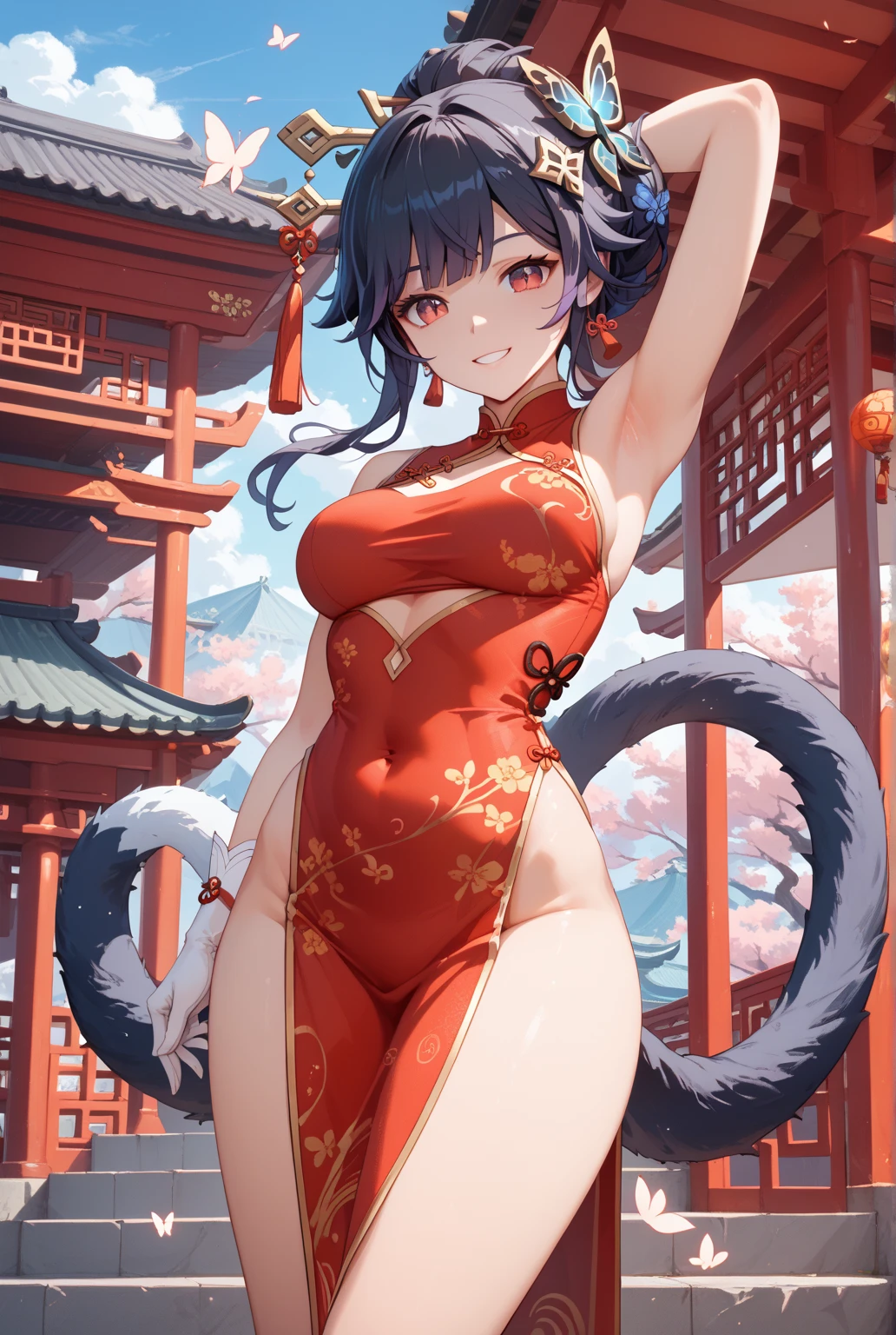 (masterpiece:1.2), best quality, high resolution, unity 8k wallpaper, (illustration:0.8), (beautiful detailed eyes:1.6), extremely detailed face, perfect lighting, extremely detailed CG, (perfect hands, perfect anatomy), ch_en_arknights, dragon_horns, horns, ((blue hair)), (((red eyes))), bangs, breasts, hair_between_eyes, tail, thighs, medium_breasts <lora:ch_en_arknights:1>, ((red dress)), ((china dress)), cleavage, ((thick thighs:1.3)), ((wide hips:1.3)), ((hairbuns)), side-tie panties, ((dress slits, pelvic curtain)), (angry), embarrassed, (((arms behind back))), (thong), (chinese palace background), (((disgusted look)))