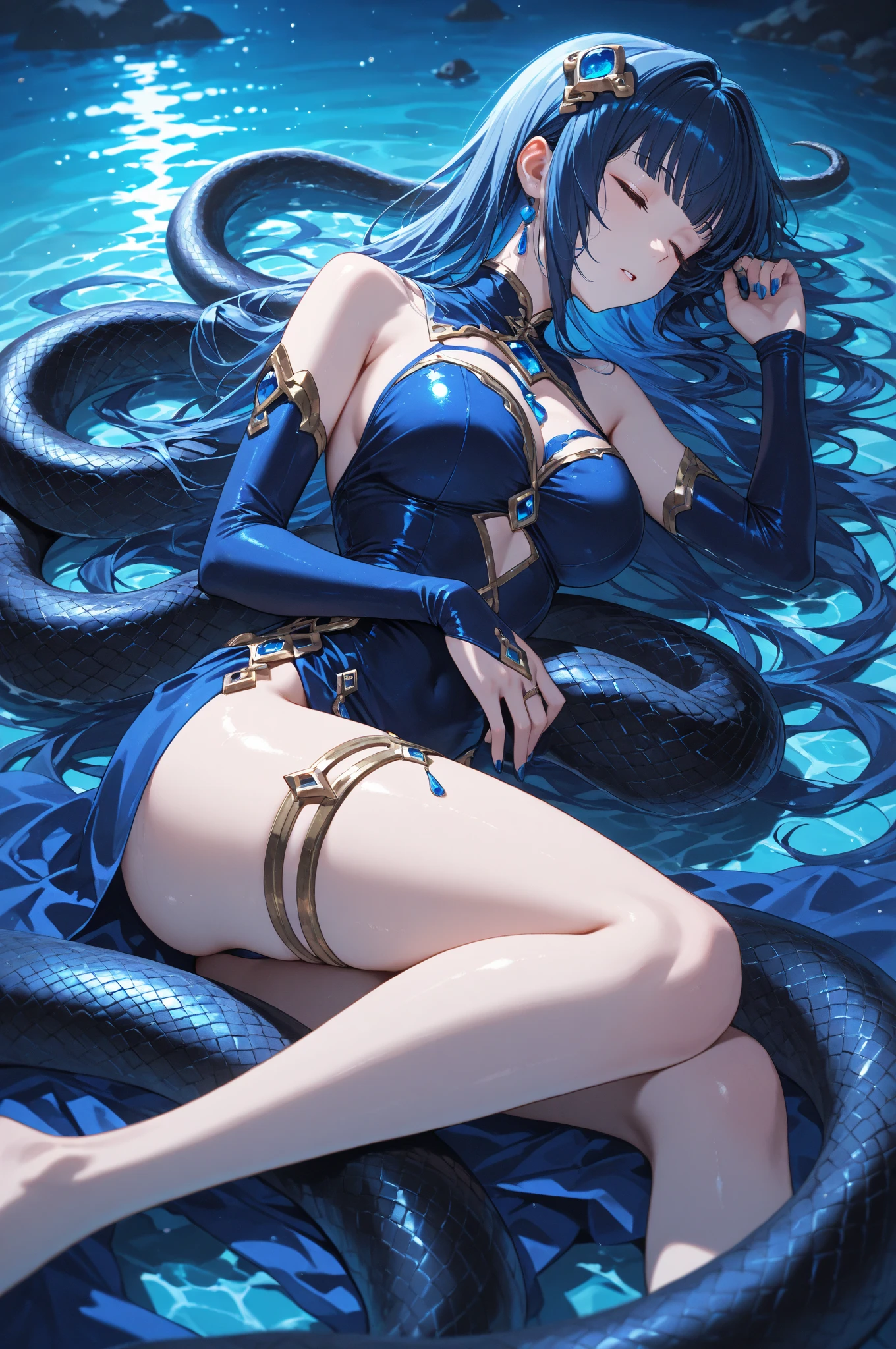 ((sea monster girl)) Masterpiece, best quality, 1 girl, long hair, Beautiful Eyes, Perfect Eyes, ((Dark blue Hair)), ((long hair)), ((Girl with leviathan features, Girl with huge tail , Blue skin, dominating gauze, girl with scales, View of a giant Girl, detailed tail, huge tail, girl with tail, sea creature tail)), ((Standing)), ((posing with crossed arms)), Sexy, Sensual, Cyan Blue eyes, ((Nice Thighs, Huge Boobs, Extra Huge Breasts)), ((Dominant look at viewer)), creatures in the background, giant creatures in the background, adult woman, seductive, big bust, Dominant look at viewer viewer, underwater background, darkness in the background under the ocean, depths of the sea in the background, ((underwater))