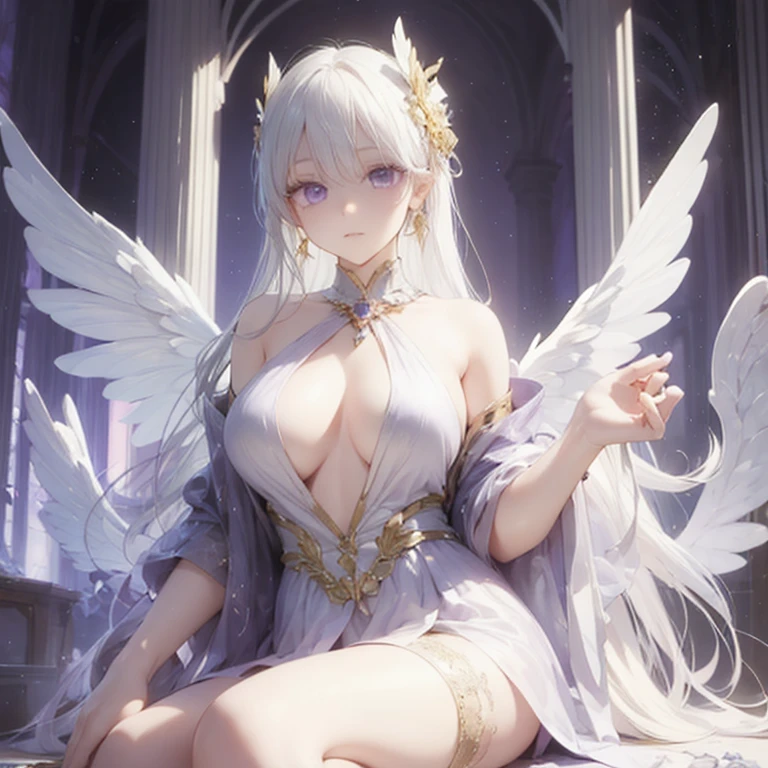 Castle in the distance、The face is front、Looking at the camera、profile、8K、realphoto、超A high resolution, Master Parts, Best Quality, nffsw , cinematic images,Lovely girl、ann、16 only、annグロサクソン、二重まぶた、drooing eyes、Very big eyes、Eyes purple、Dark eye shadow、The lips are very thin、The tip of the nose stretches beautifully..................、small nostrils,,,,, ighly detailed , Silver hair、Straight short hair、ssmile、 Sweet look 、a very beautiful woman、legs are long、 very big boobs（：1.９）、Very clear shadows , jewely , A detailed eye, very intricate, shiny skins , パーフェクトブリリannト, Perfect Lighting, Dramatic shadows、White tiara on head、Gold necklace around the neck、White aristocratic dress with gold embroidery、Glass High Heels、Angel White Wings
