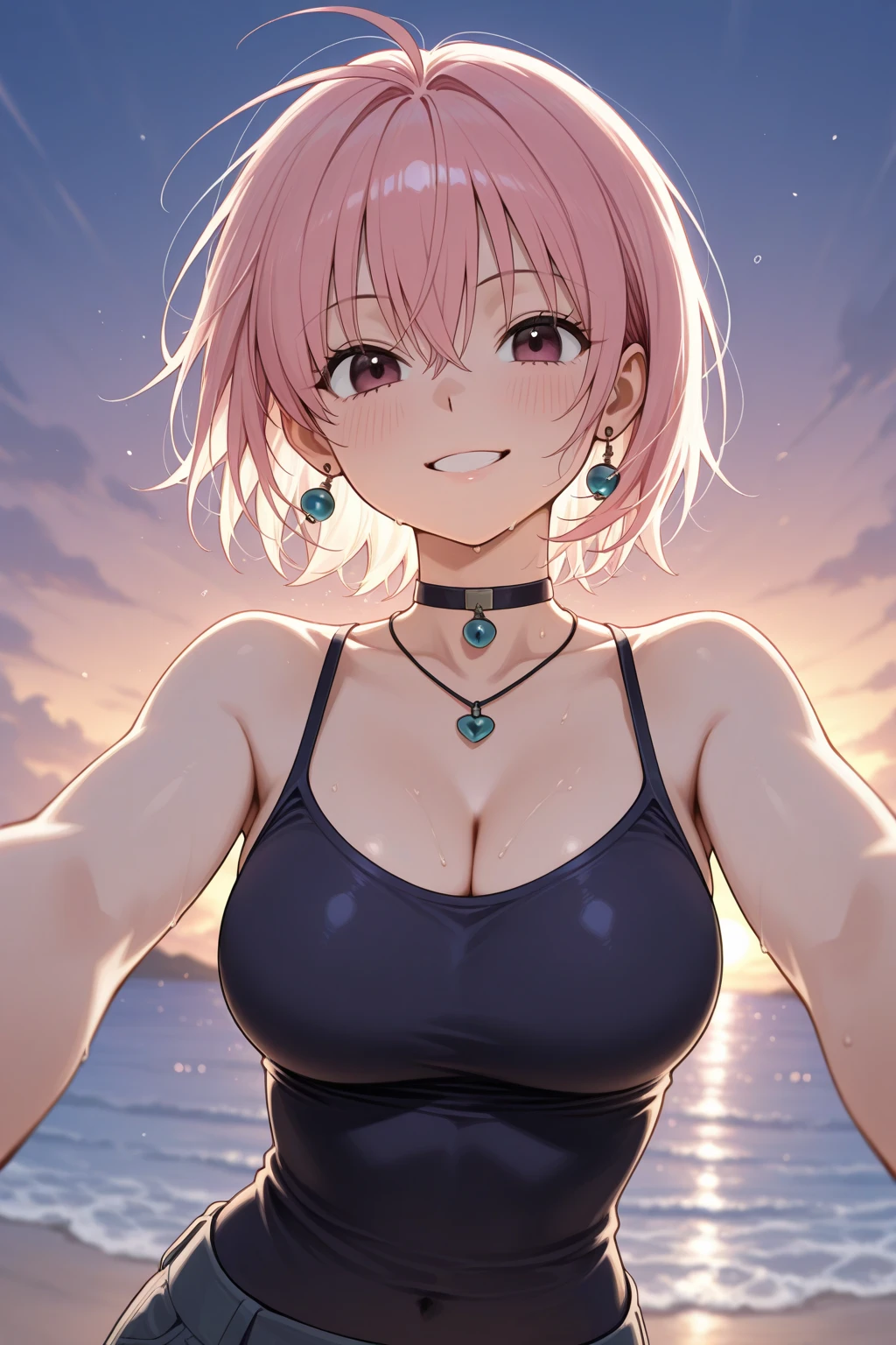 Nakano Ichika、Pink Hair、Pixie Cut、Black choker、Big Breasts、Wet Hair、Wet body、Clothes stick to the body、White tank top、Denim shorts、Nipples、Water Drop