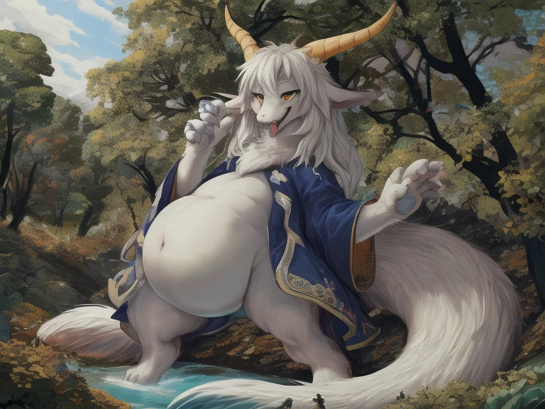 ultra-detailed, masterpiece, masterwork, high quality, best quality, hdr, (nature), nsfw, male, solo, dragon, ((nude)), (little white body minotaur), chibi, (long silver hair, yellow eyes), sitting, dynamic angle, (micropenis, foreskin, perfect balls), public hair