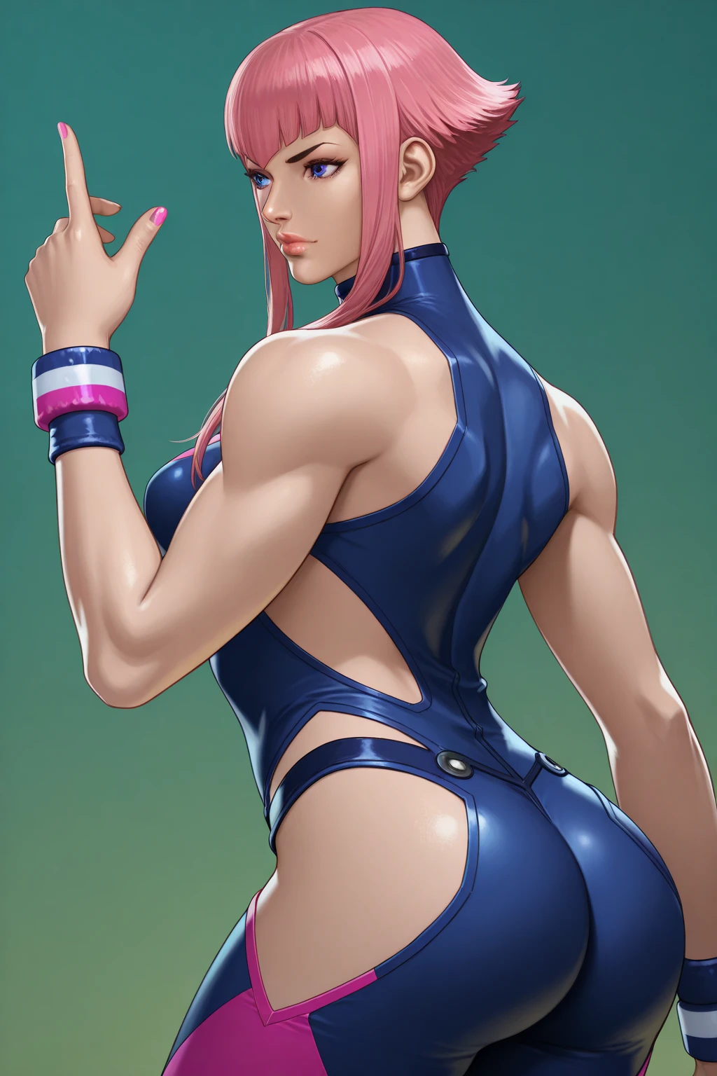 masterpiece,best quality,extreme detail,8k,<lora:Manon:0.8>,manon2,1girl,solo,breasts,blue eyes,medium breasts,pink hair,parted lips,nail polish,lips,bodysuit,wristband,skin tight,short hair with long locks,realistic,hip vent,side cutout,unitard,