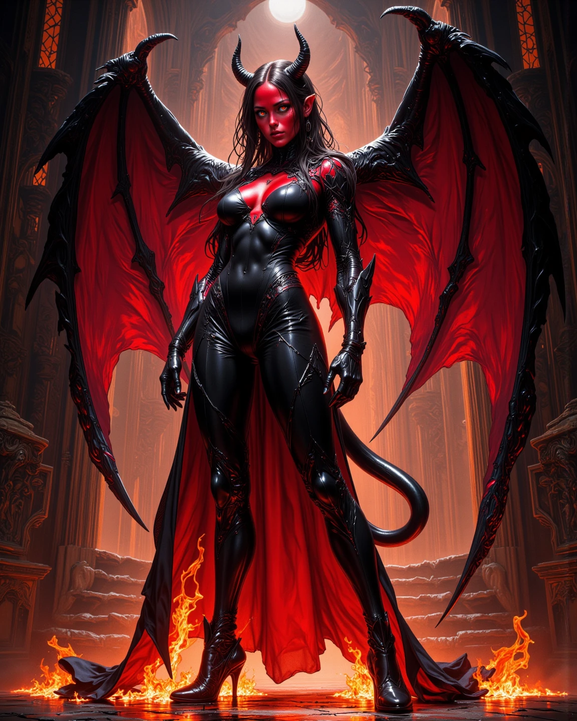 Red skin succubus tiefling, medium breasts, black horns, wings, huge tail, black leather, tall, athletic, graceful, thin, long black ponytail. Action scene, whip. Dark scene, explosions, night sky.