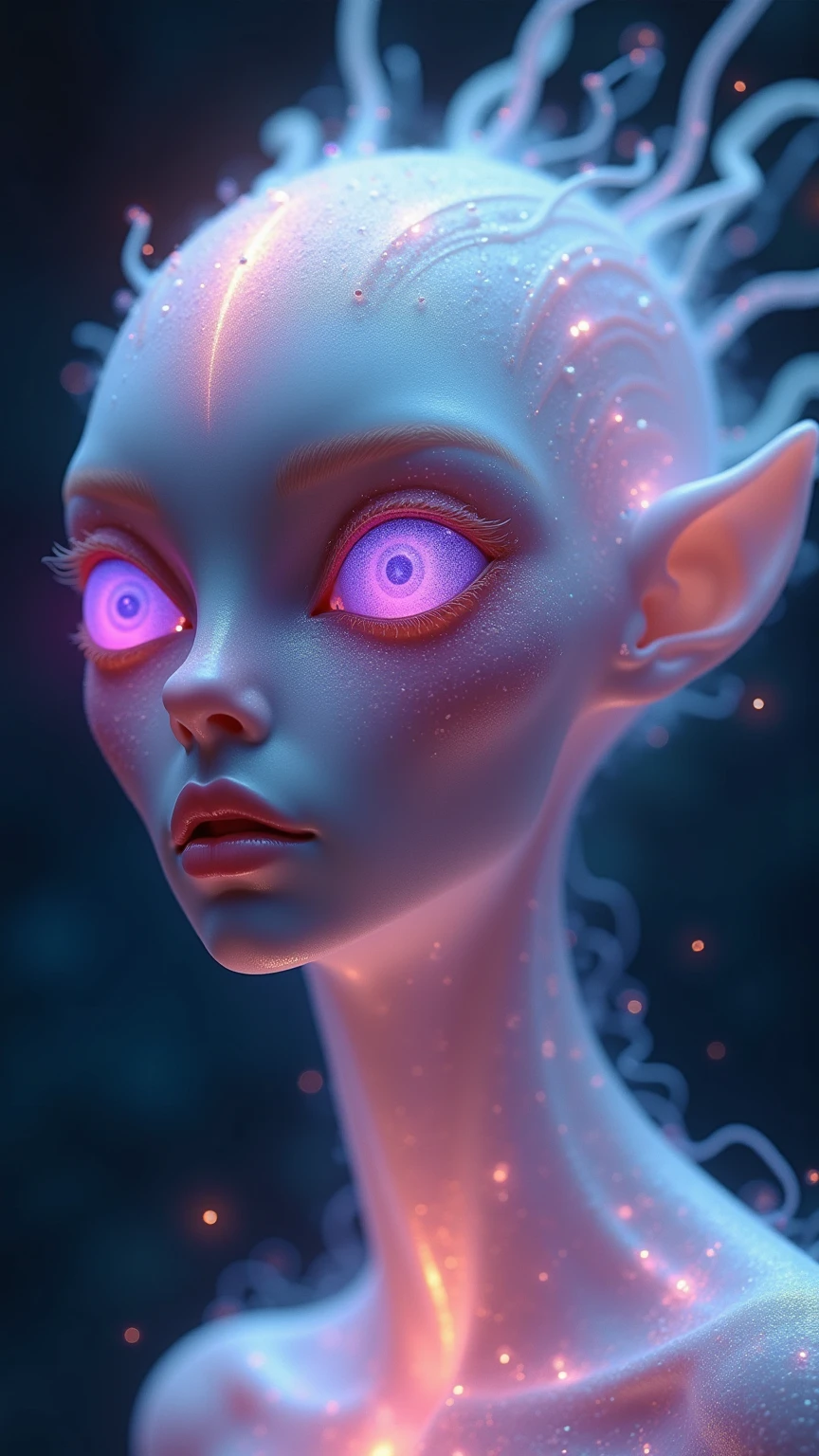 Alien with female appearance
Without hair 
Translucent white shiny scaly skin 
Glowing skin from within 
Translucent shiny scaly skin of different colors 
Bright translucent crystal eyes
