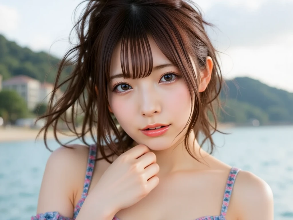 (highest quality:1.2, 8k, Sharp focus, masterpiece: 1.2, Natural light, Highly detailed CG, beautiful girl:1.2, reality, Detailed facial textures, Cute Bikini、Realistic Skin, Beautiful Makeup, Octane Rendering, grow, fine bangs)), (Depth of written boundary), Bokeh Background, smile, Long hair with detailed, vibrant two-tone brown and silver coloring, Cowboy Shot,  Wind, From the side、Realistic high quality photos、highest quality、Cute face