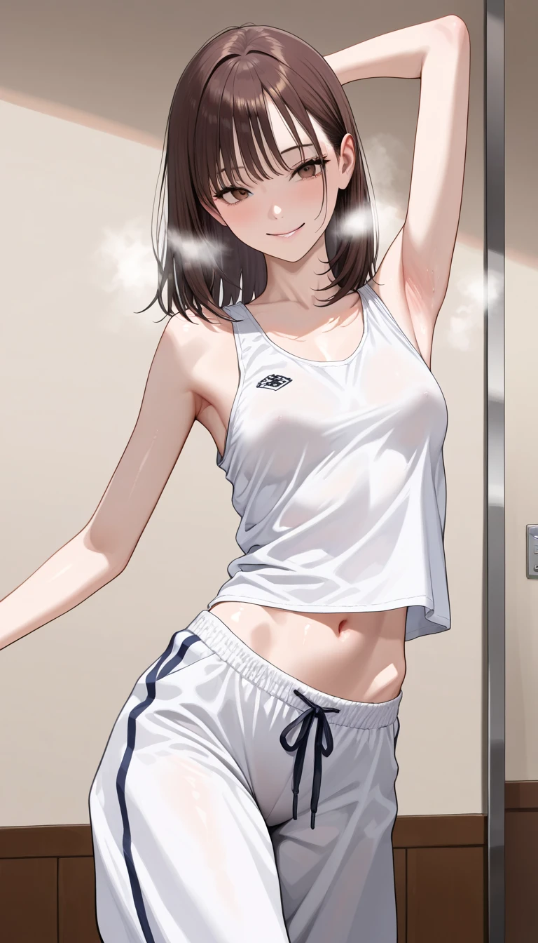 ((masterpiece, Highest quality)),((High resolution:1.3)), 1 girl, alone, Cowboy Shot, Blurred Background, (((Small breasts))), Thighs, (underwear), ((Lift shirt:1.3)), Off the shoulder, Pixie Cut