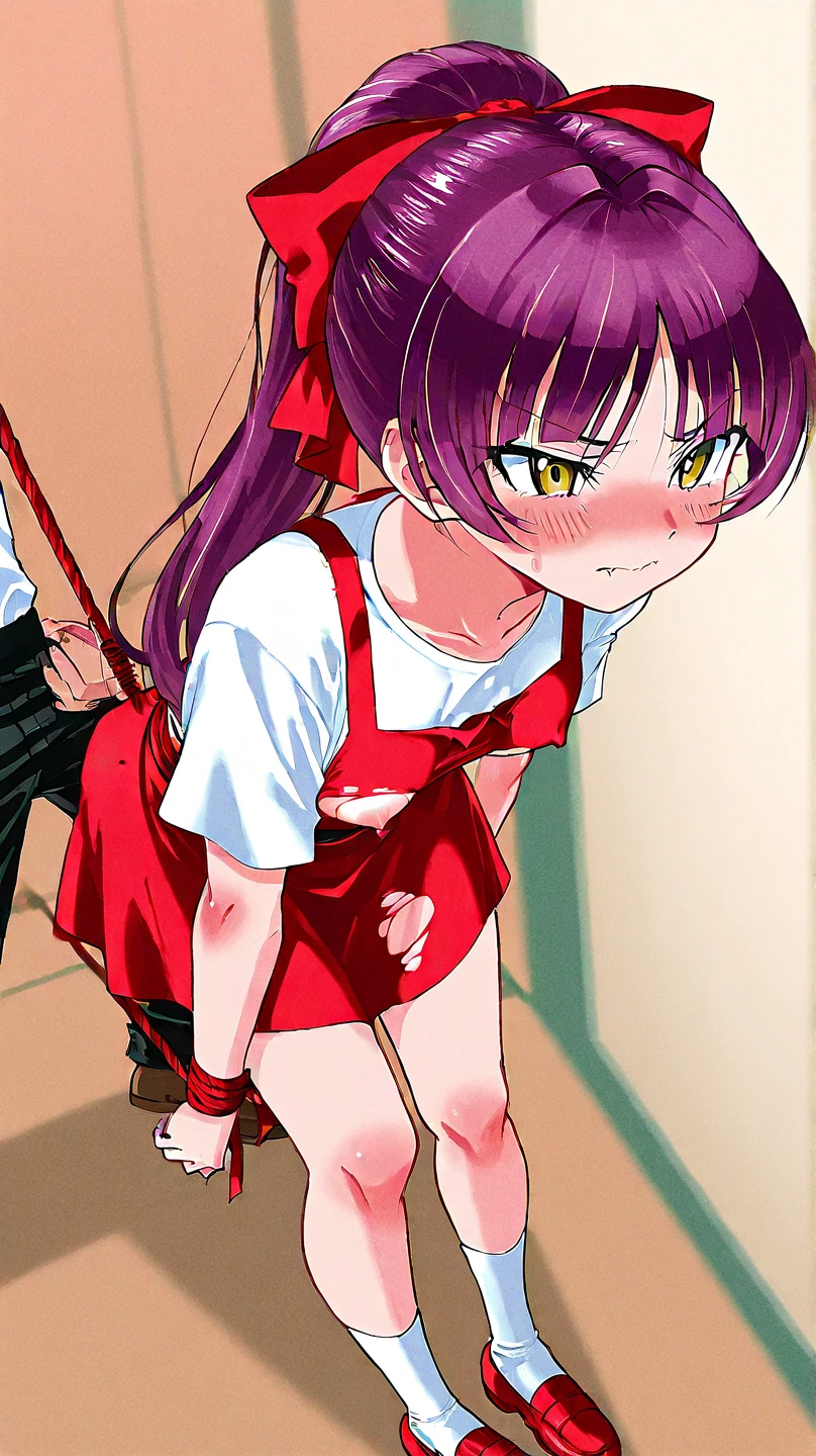 hayase nagatoro, long hair, bangs, black hair, hair ornament, brown eyes, hairclip, fang, dark skin, dark-skinned female, tan, (Bust size very very small.)), (flat chest:1.2), nude, red gag, Blushing, frowning, Bondage and BDSM, Whole body, kneeling position on the floor, Ball Gag, red gag, Arms behind back, arms tied, bdsm, bondage, bound, bound legs, shibari, rope, spread legs, barefoot, arms behind back, bondage shibari, saliva, drooling, excessive saliva, pussy vibrators, Takate Kote, Panting, ((Blindfolded eye, Blindfold around the head )), Cat position, Nipple piercing, classroom room 