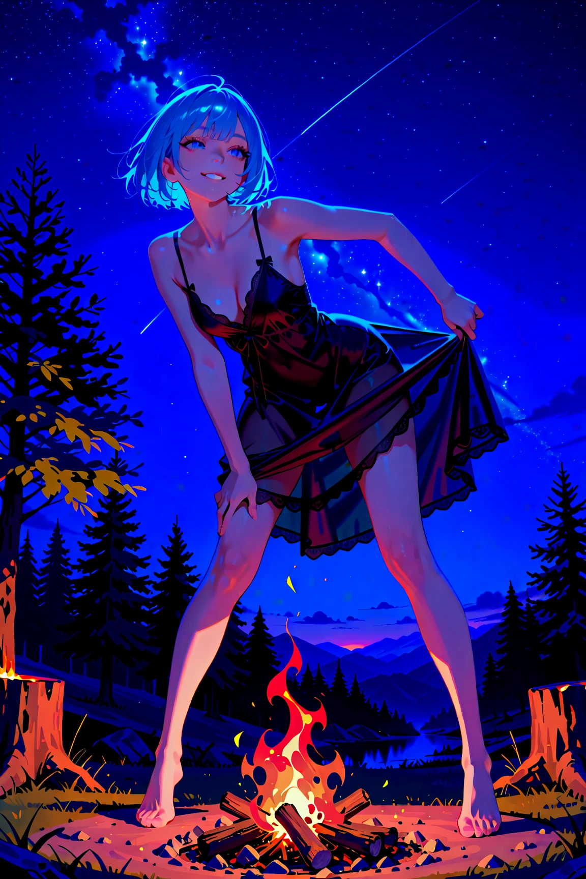 masterpiece, highest quality, Illustrations for novels, High resolution, 18+ Adult content, Sensual, Intimate, Emotional, Passionate, romantic, sweet, Adorable, Innocent, Pure, Fascinating, Fascinating, attractive, Mysterious, Fascinating, Fascinating, Immersive, Fascinating, dream-like, Surreal, Imaginative, Whimsical, artistic, Avant-garde, timeless, elegant, Sophisticated, chic, Sophisticated, ((Cowboy Shot)),(((A woman camping under a starry sky)).