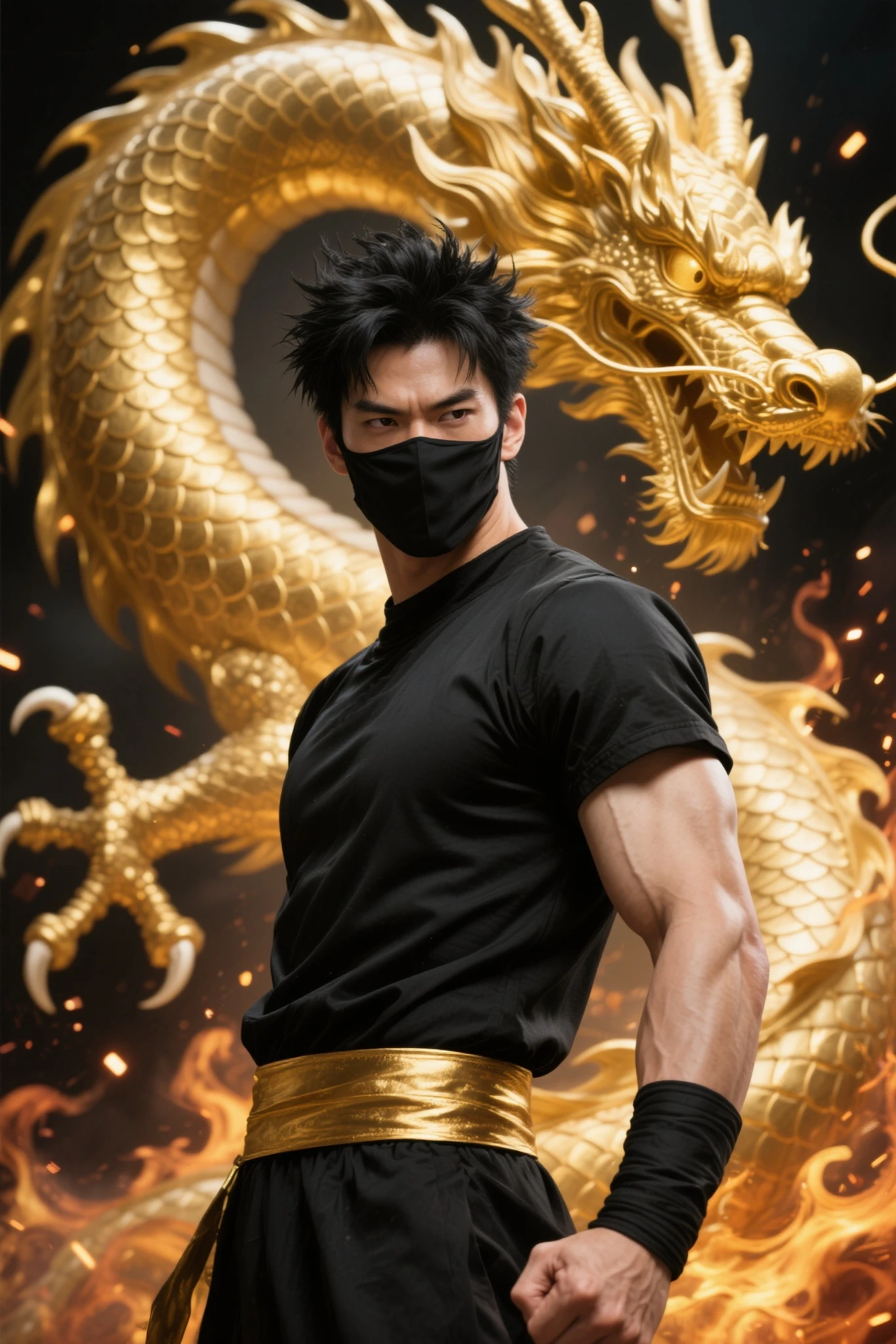 (((Cover your nose and neck with black cloth)))、Japanese men、((Sweaty armpits smell))、Crotch bulge、dutch angle、(((fighting stance)))、((Sleeveless ninja jacket))、(((Ninja Pants)))、(((Ninja Tabi)))(Arm tattoo)、Muscular、(Glowering look、looking at viewer、big eyes、furious)、((Bamboo grove)、sidecut Spiky hair、16 years old、((full body))、 Detailed Background, The finer details、Real、3K、Highest quality